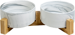 [AB65007] AB Dubbele keramische Voerbak met bamboe Standaard Gemarmerd wit-2x850ml 