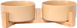 [AB65030] AB Double ceramic Pet Bowl with bamboo Stand Beige-2x400ml