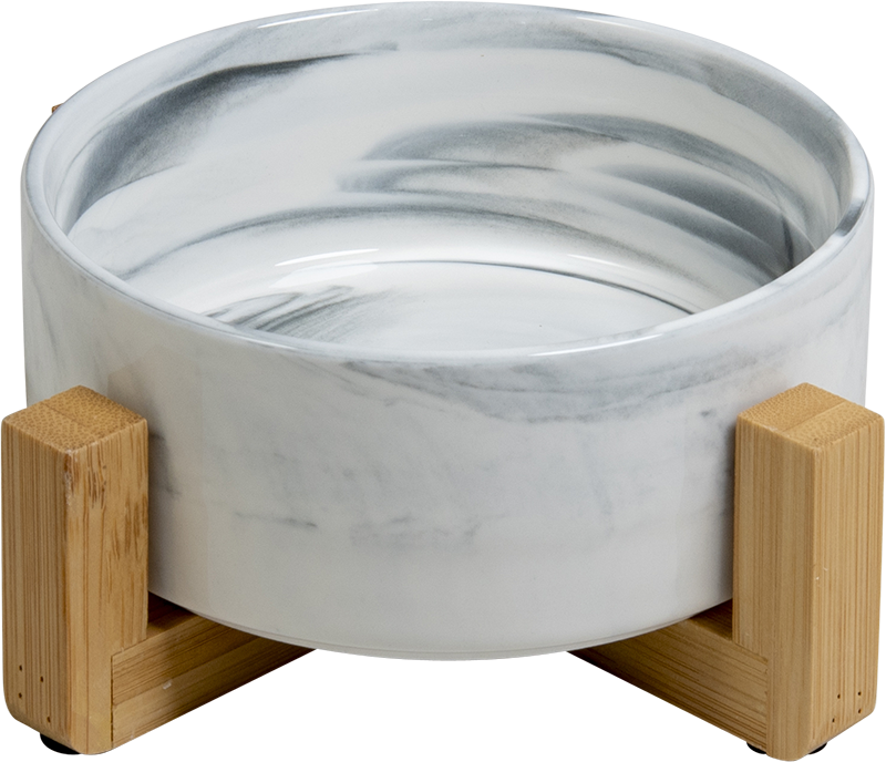 AB Ceramic Pet Bowl with bamboo Stand Marbled white-400ml 
