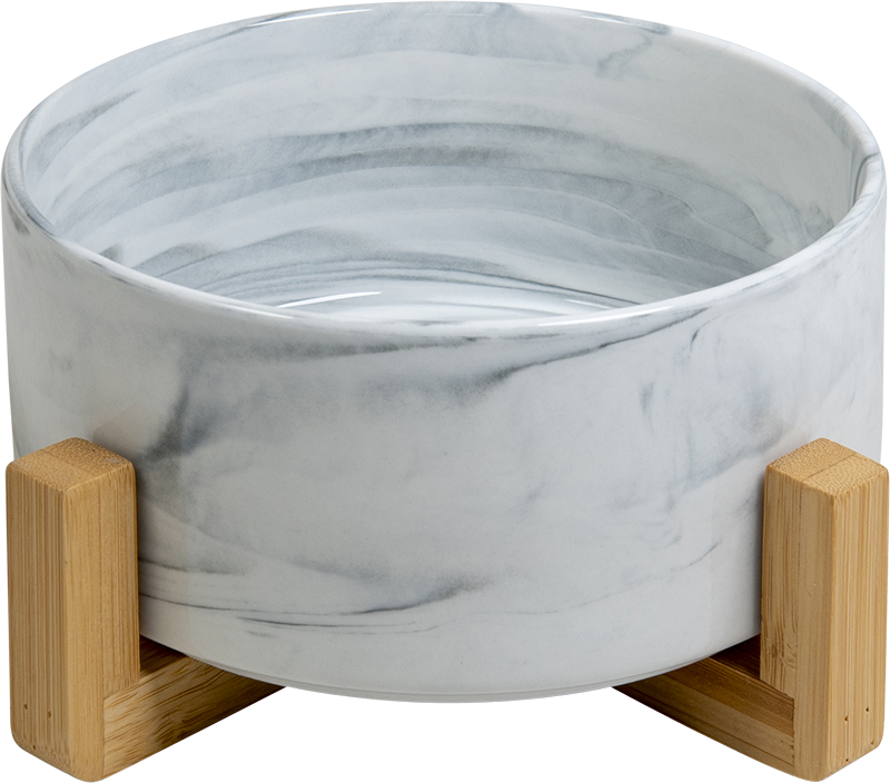 AB Ceramic Pet Bowl with bamboo Stand Marbled white-850ml 