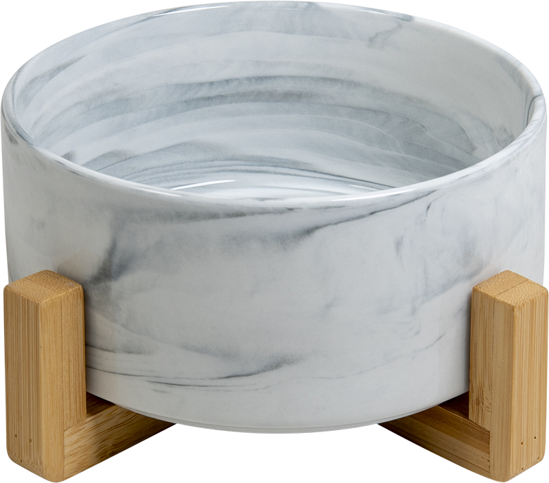 AB Keramische Voerbak met bamboe Standaard Gemarmerd wit-850ml 