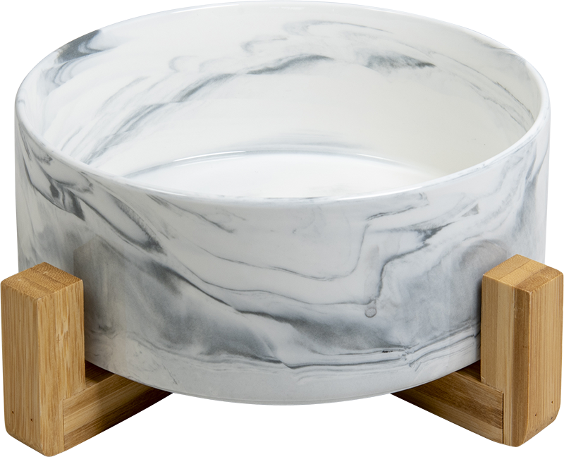 [AB65005] AB Ceramic Pet Bowl with bamboo Stand Marbled white-1800ml 