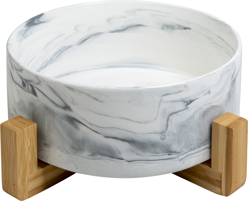 AB Ceramic Pet Bowl with bamboo Stand Marbled white-1800ml 