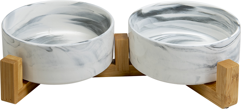 AB Double ceramic Pet Bowl with bamboo Stand Marbled white-2x400ml 