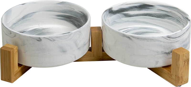 AB Gamelle double en Céramique avec Support en Bambou Blanc marbré-2x400ml 