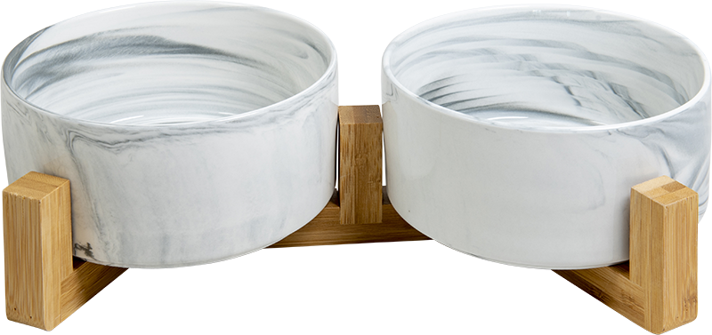 [AB65007] AB Double ceramic Pet Bowl with bamboo Stand Marbled white-2x850ml 