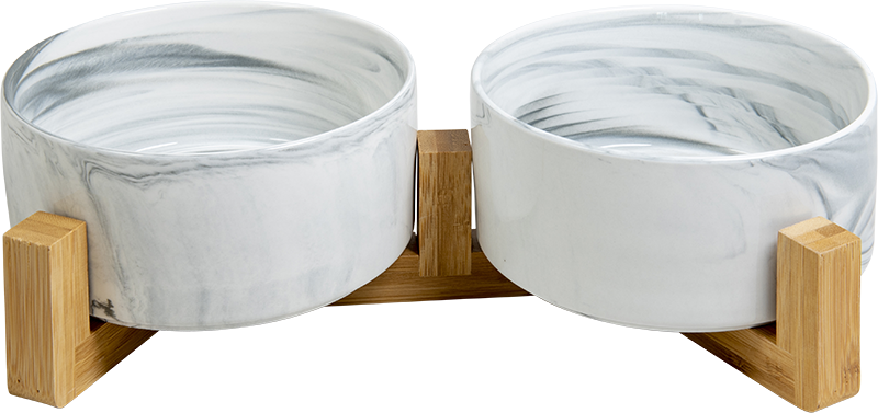 AB Double ceramic Pet Bowl with bamboo Stand Marbled white-2x850ml 