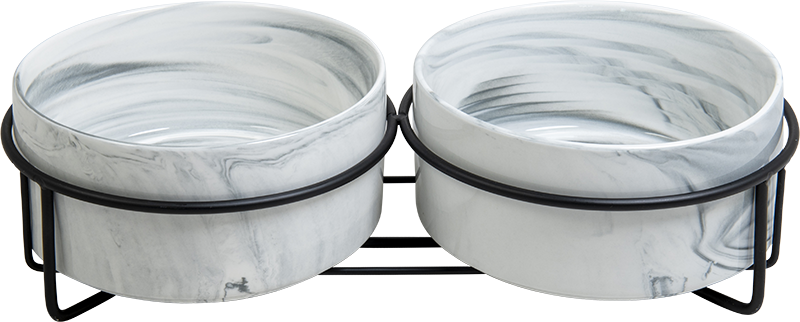 AB Double ceramic Pet Bowl with metal Stand Marbled white-2x400ml 