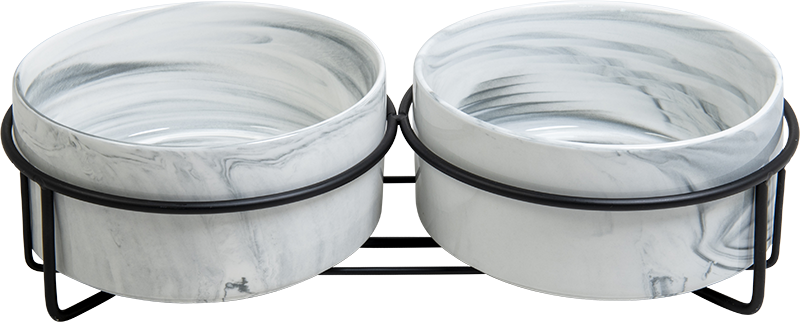 [AB65011] AB Dubble keramische Voerbak met metalen Standaard Gemarmerd wit-2x850ml 