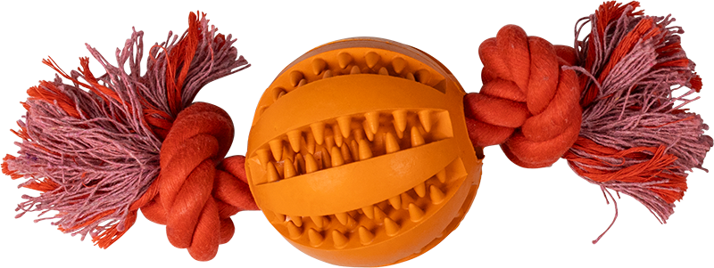 ​AB RUBBER TOY Bal met Touw Oranje/Rood-Ø7,5cm