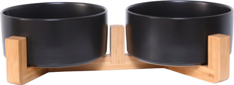 AB Double ceramic Pet Bowl with bamboo Stand Black-2x850ml