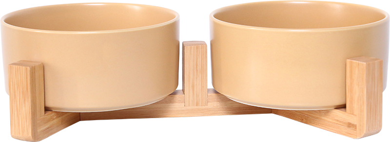 AB Double ceramic Pet Bowl with bamboo Stand Beige-2x400ml