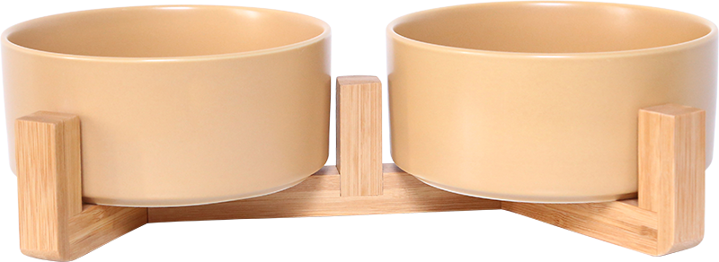 AB Dubbele keramische Voerbak met bamboe Standaard Beige-2x400ml