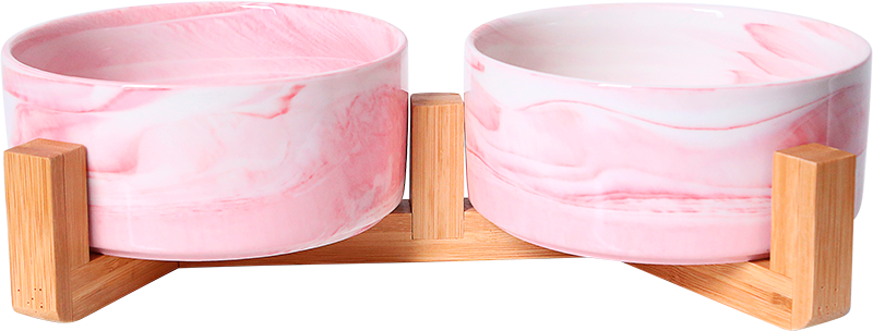 AB Double ceramic Pet Bowl with bamboo Stand Marbled pink-2x850ml