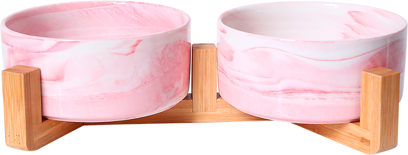[AB65037] AB Double ceramic Pet Bowl with bamboo Stand Marbled pink-2x850ml