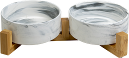 [AB65006] AB Doppelkeramiknapf mit Bambusständer Marmoriert weiß-2x400ml 