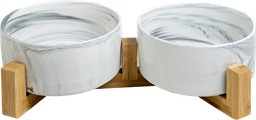 [AB65007] AB Double ceramic Pet Bowl with bamboo Stand Marbled white-2x850ml 