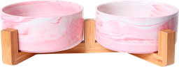 [AB65037] AB Dubbele keramische Voerbak met bamboe Standaard Gemarmerd roze-2x850ml